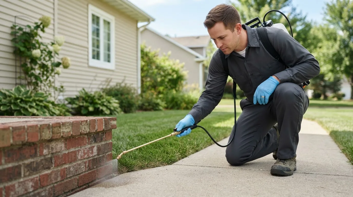 Pest control technician treating a home near Upsala, MN